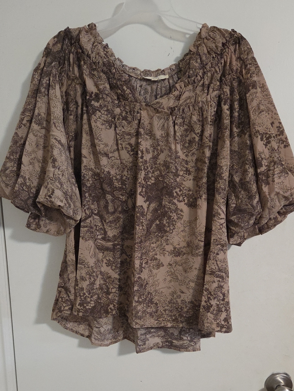 entro Taupe and Brown Scenic Print Peasant Top